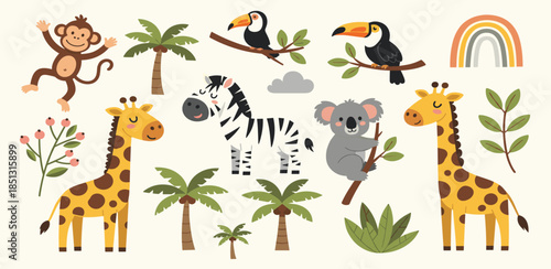 Cute Cartoon Jungle Animals and Tropical Trees Illustration