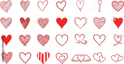 Collection of red hearts in various styles and designs on a white background, representing love and romance