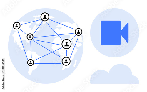 Remote work, digital collaboration, online meetings, global connectivity, networking, cloud technology. A network of people icons on a world map, video camera icon and a cloud. Global connectivity