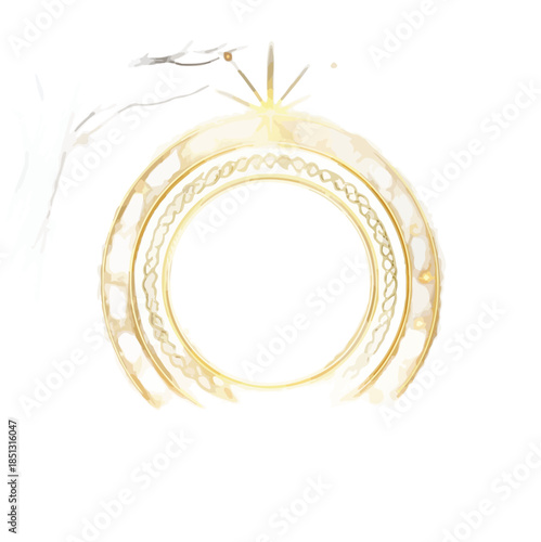Elegant Golden Watercolor Circular Frame with Shining Star and Winter Branch Illustration for Holiday Designs
