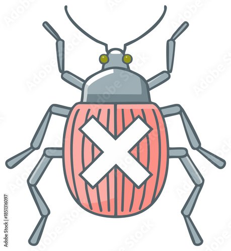 Cartoon illustration of a deceased beetle with a red shell and a white X, bug control and pest control