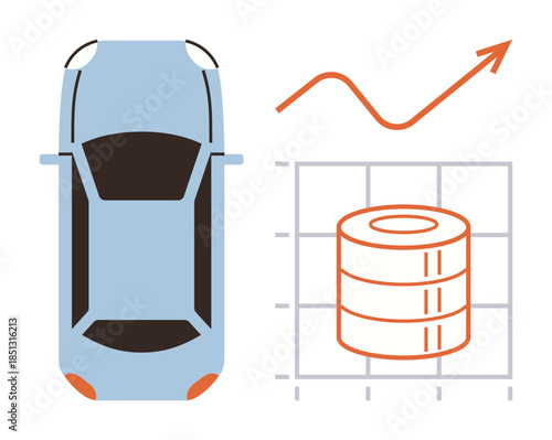 Top view of a car beside a rising graph and stacked data chart. Ideal for transportation, technology, big data, market analysis, vehicle tracking, business growth, simple flat metaphor