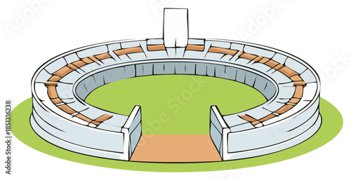Vector illustration of an empty circular sports stadium with green pitch and seating area.