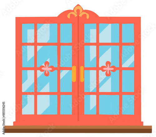 Vibrant coral red double window illustration with blue panes ornate gold details and classic architectural style