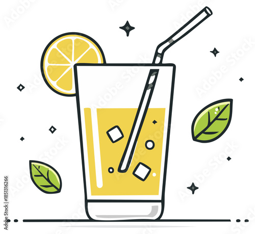 Refreshing Lemonade Drink with Ice and Lemon Slice in Tall Glass with Straw