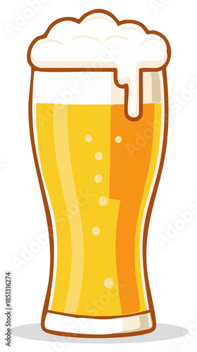 Cartoon illustration of a refreshing glass of golden beer with frothy white foam