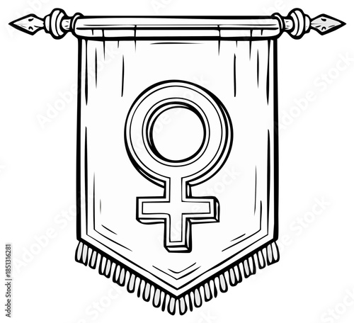 Cartoon banner with Venus symbol, female gender sign, black and white graphic