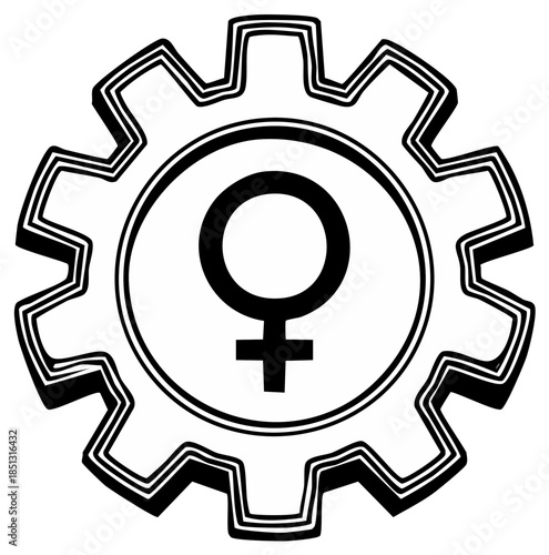 Female symbol inside a gear representing women in industry and engineering power