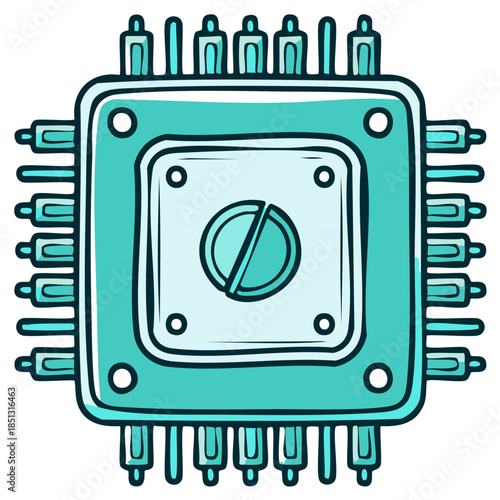 Turquoise microprocessor chip with multiple pins and a central circular design representing technology and computing power