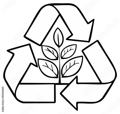 Recycling symbol with plant leaves and arrows graphic illustration