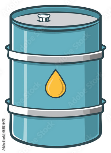 Aqua blue oil drum with an orange yellow liquid drop symbol representing fuel or energy