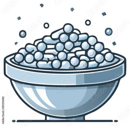 Vector illustration of a bowl overflowing with pills and capsules