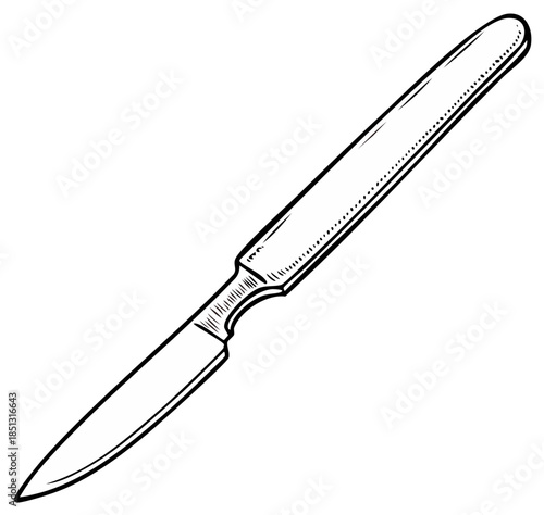 Illustration of a sterile surgical scalpel with a sharp pointed blade and a long smooth handle for precise cutting in medical procedures