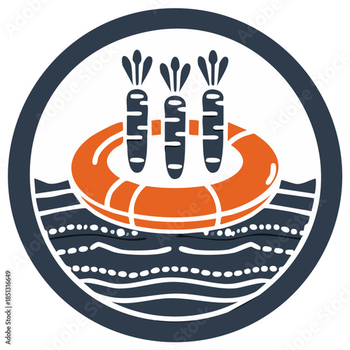 Three Vegetables Floating in Life Preserver Above Waves Graphic Design