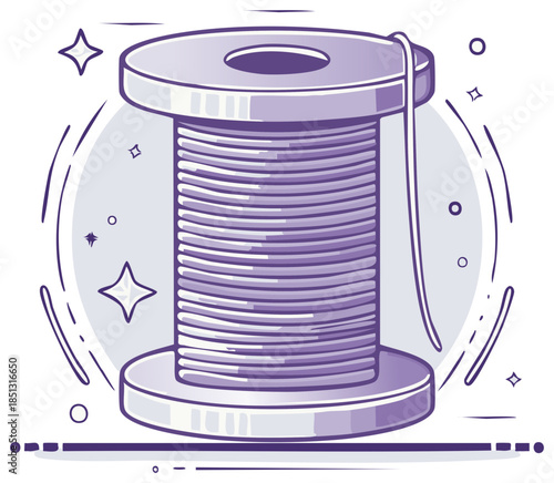 Stylized purple thread spool with needle and sparkles illustration