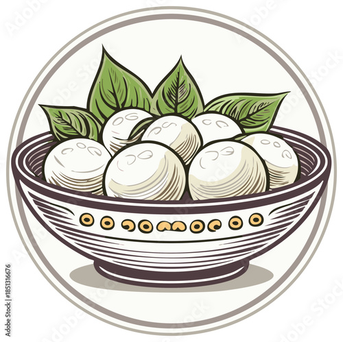 Decorative bowl filled with sweet round mochi or rice cake balls and fresh green leaves