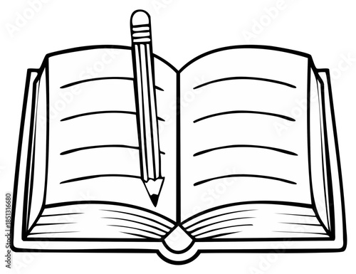 Open book with pencil illustration depicting education, writing, studying.