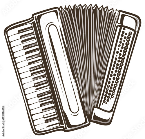 Classic piano accordion musical instrument detailed black and white line art illustration for folk music concept