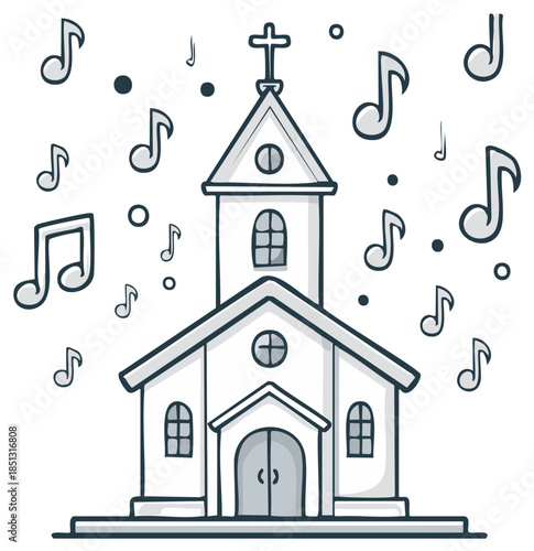 Doodle Church with Musical Notes Floating Around