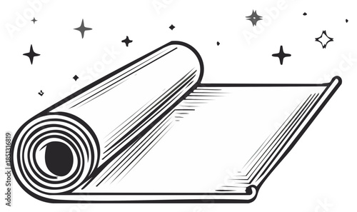 Unrolled yoga mat with sparkling stars above, hand-drawn illustration