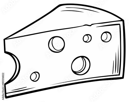 Cartoon wedge of Swiss cheese, isolated black and white outline