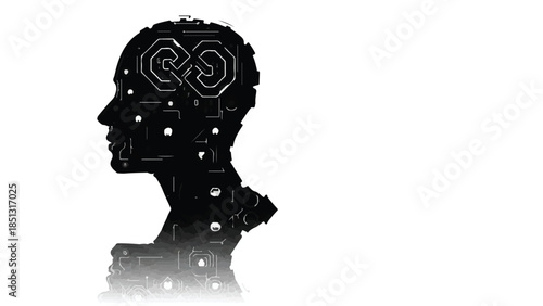 Human head silhouette with glowing circuit brain, artificial intelligence concept, futuristic technology background