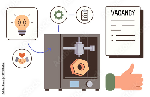 3D printer creating a hexagonal object, lightbulb for idea, handshake for teamwork, gear for process, vacancy notice, and thumbs-up sign. Ideal for technology, innovation, employment teamwork