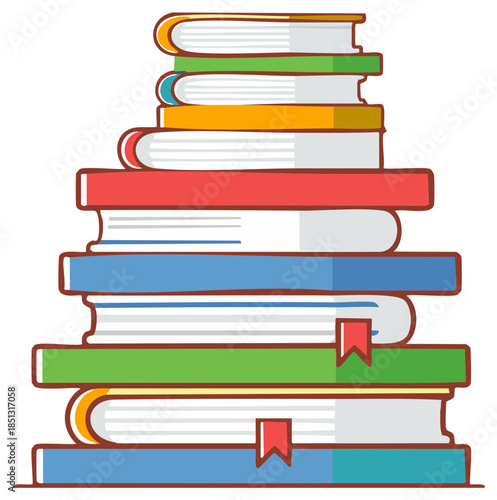 Tall colorful stack of books with bookmarks representing education and learning