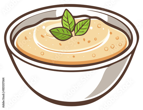 Creamy dip in bowl with fresh basil leaves topping appetizer vector illustration