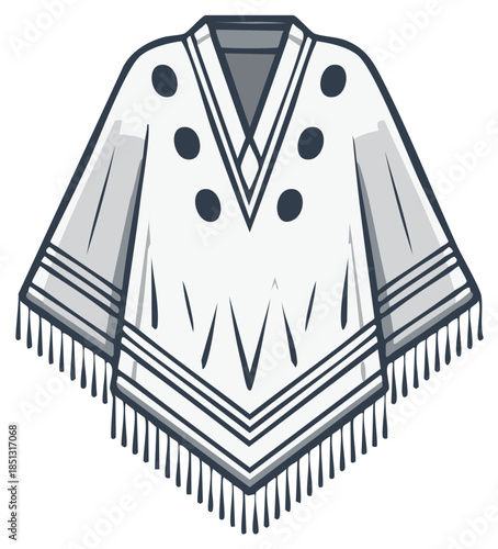 Illustrated depiction of a white poncho with fringed edges and dark circle embellishments