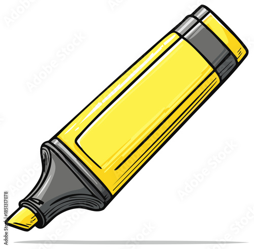 Bright Yellow Highlighter Pen with Gray Cap and Bold Outline