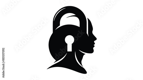 Padlock on human head with keyhole, symbolizing security and privacy concept in modern black silhouette illustration