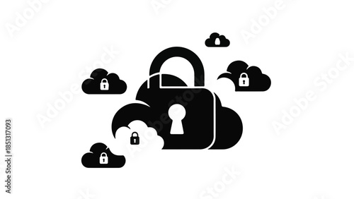 Cloud security concept with padlock and clouds, symbolizing data protection and online safety in a modern digital environment