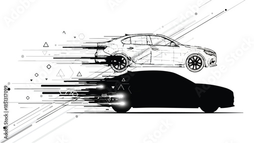 Modern sports car speeding with dynamic motion lines and abstract geometric shapes in black and white illustration