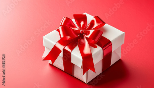Valentine’s Day gift box wrapped with red ribbon, neutral background, soft studio light