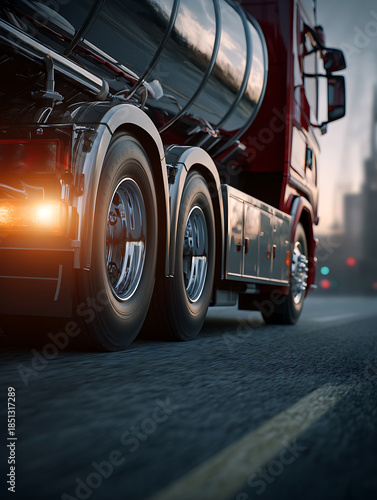 Chrome fuel tank and rear wheels of a red truck