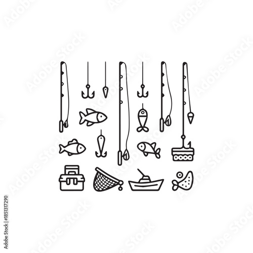 Fishing Gear Line Icon Set: Minimalist Vector Illustration of Rods, Hooks, Nets, and Fish Icons