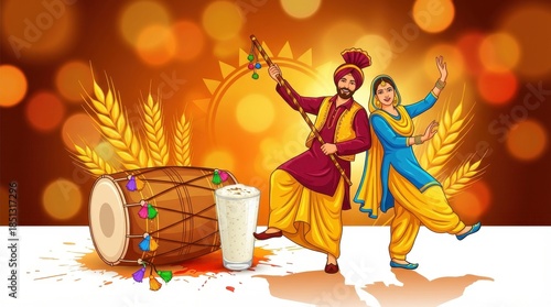 Happy lohri festival illustration showing two dancers near a drum with a bright orange and yellow light effect in the background