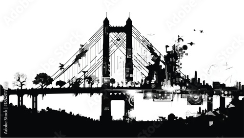 Black silhouette of iconic suspension bridge with city skyline and water reflection at sunset, urban landscape photography