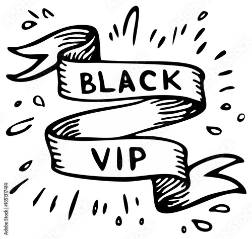 Hand Drawn Black VIP Ribbon Banner Illustration for Exclusive Events