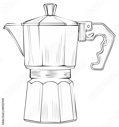 Traditional Italian Moka pot espresso coffee maker line art illustration black and white