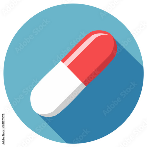 Capsule Medicine Icon: Red and White Pill on Blue Background Depicting Healthcare and Pharmaceutical Concepts