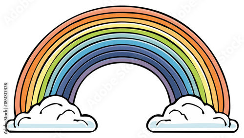 Colorful Rainbow Arching Over Fluffy Clouds on a White Background