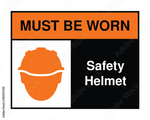 Safety Helmet Mandatory Sign with Orange Head Protection Icon and Instructional Text Blocks - High Quality Vectorial Stock Image