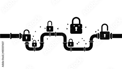 Secure network system with locked pipes and connections, symbolizing data protection and cybersecurity concept in modern industrial setting