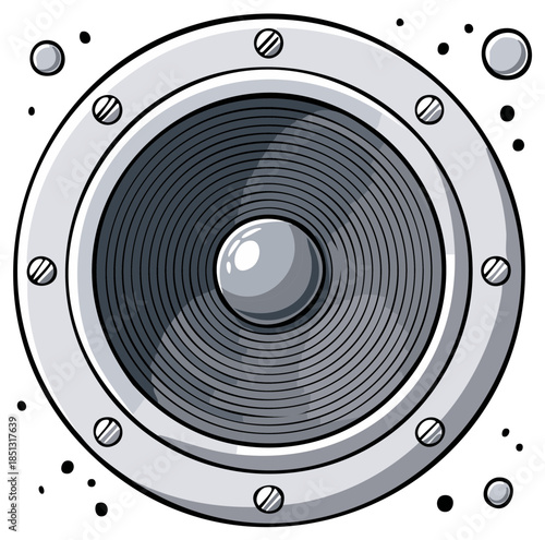 Cartoon style illustration of a grey loudspeaker or subwoofer with screws and accents.