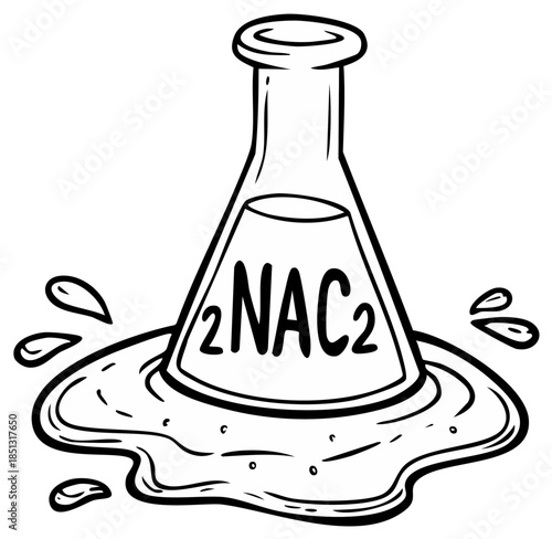 Hand drawn chemistry flask with liquid spilling and chemical formula on it