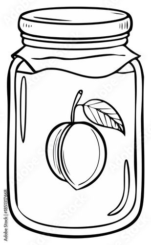 Artistic Black and White Depiction of Homemade Peach Jam in a Glass Jar with Cloth Lid