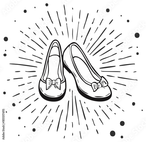 Retro illustration of ballet flats with bow, sunburst design.