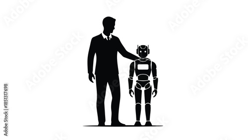 Silhouette of businessman and robot standing together in black and white illustration for futuristic technology concept